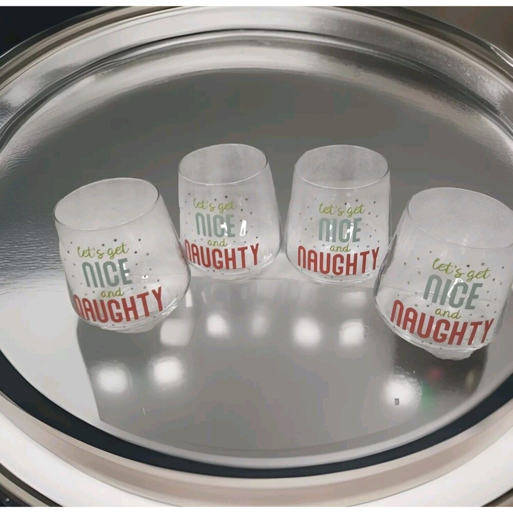 4 Pc Stemless Wine Glass Barware "Let's Get Nice And Naughty" Holiday Seasonal